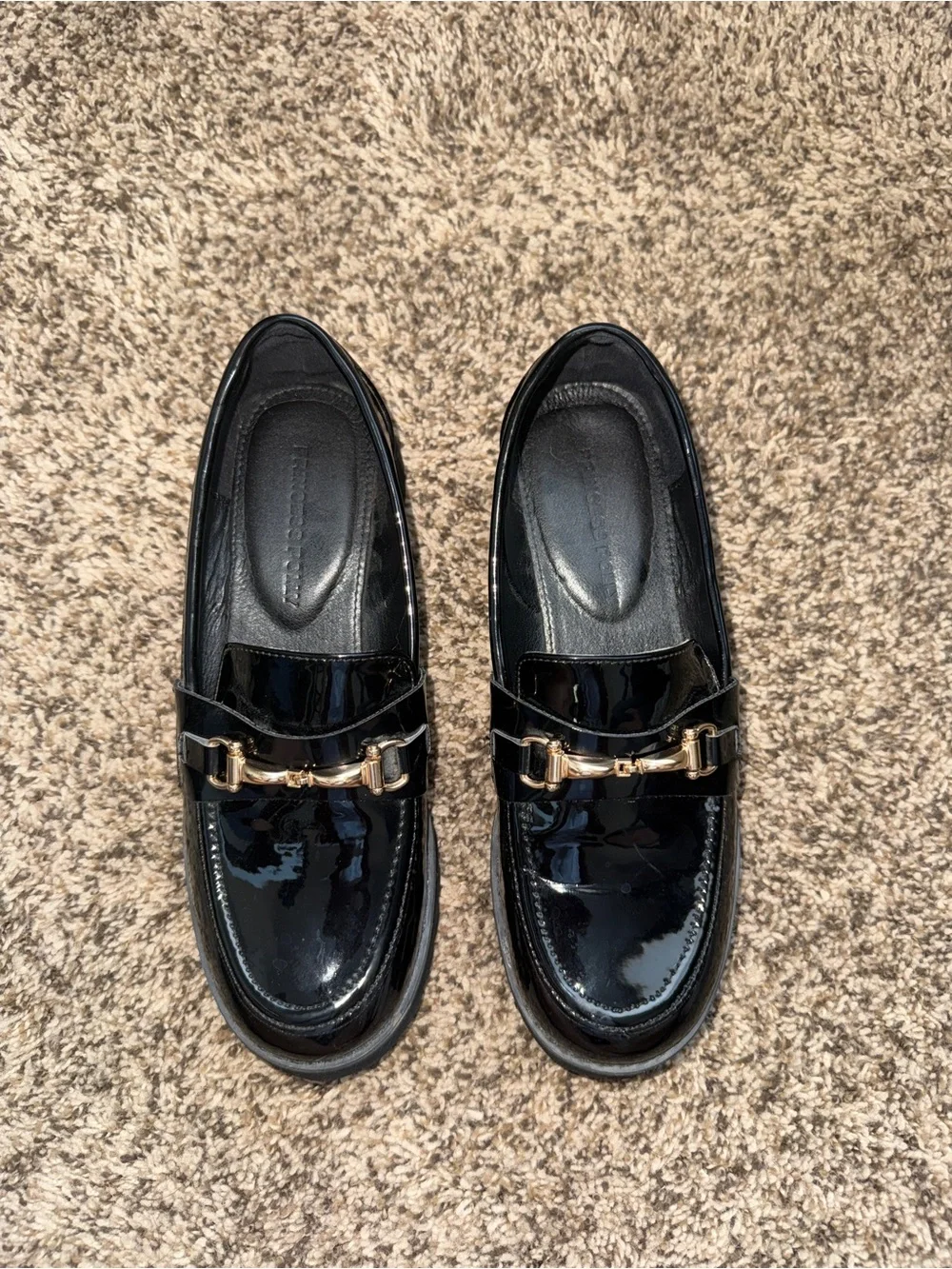 Princess Polly Black Patent Loafers with Gold Hardware